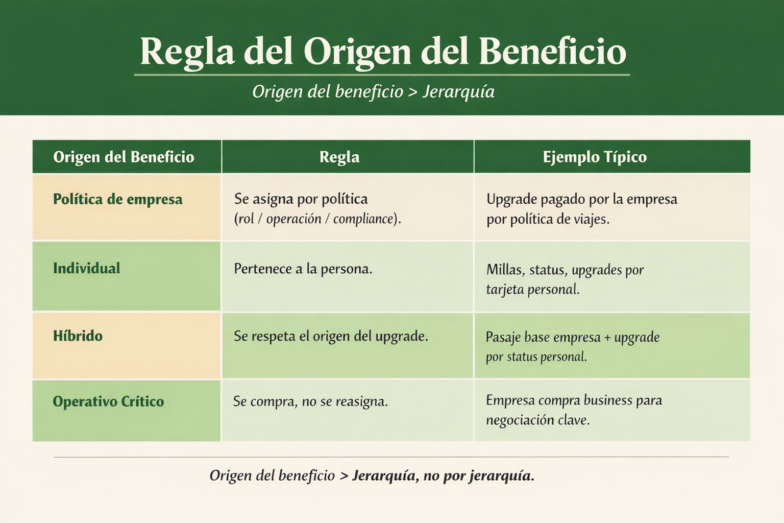 Mini-framework: la regla del origen del beneficio (para líderes y para RRHH) Si querés resolver esto sin discusiones eternas, usá una regla práctica: **Regla del origen del beneficio** 1) **¿Lo pagó u otorgó la empresa como política?** - Entonces se asigna según política (rol, necesidad operativa, compliance, etc.). 2) **¿Lo obtuvo la persona por su cuenta (programas, tarjeta personal, acumulación individual)?** - Entonces es de esa persona. Punto. 3) **¿Es un híbrido?** (la empresa paga el pasaje base, el upgrade aparece por el historial personal) - Se respeta el origen del upgrade: si no lo compró la empresa, no es redistribuible por jerarquía. 4) **¿Hay una necesidad operativa real?** (ej.: la líder tiene que llegar descansada por una negociación crítica) - Se planifica a futuro: la empresa compra lo que necesita. No se “toma prestado” el mérito del equipo.